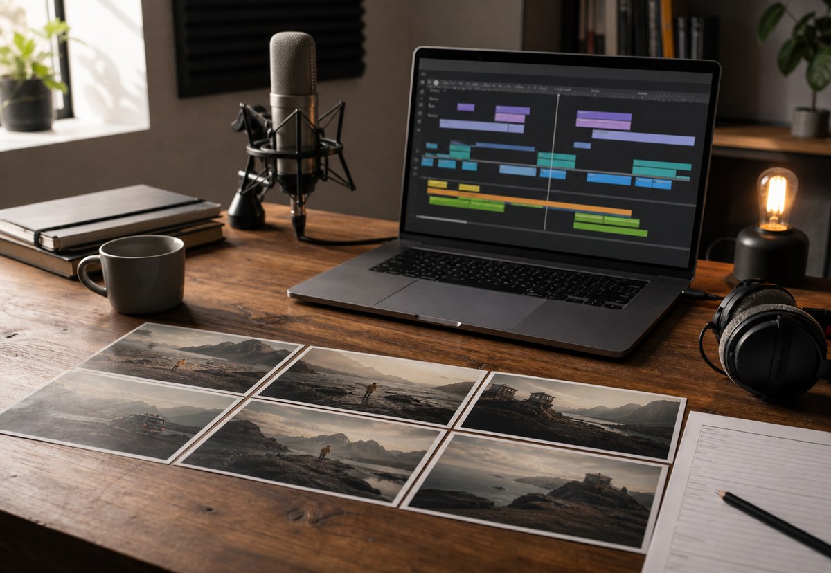 A creative production desk with consistent storyboard frames, a microphone, headphones and a laptop showing a video editing timeline
