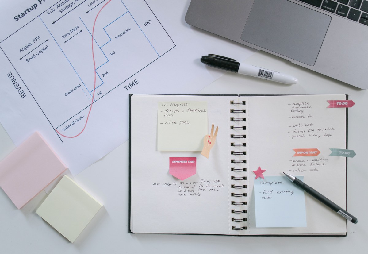 Laptop, product planning notes, sticky notes and a start-up chart on a desk