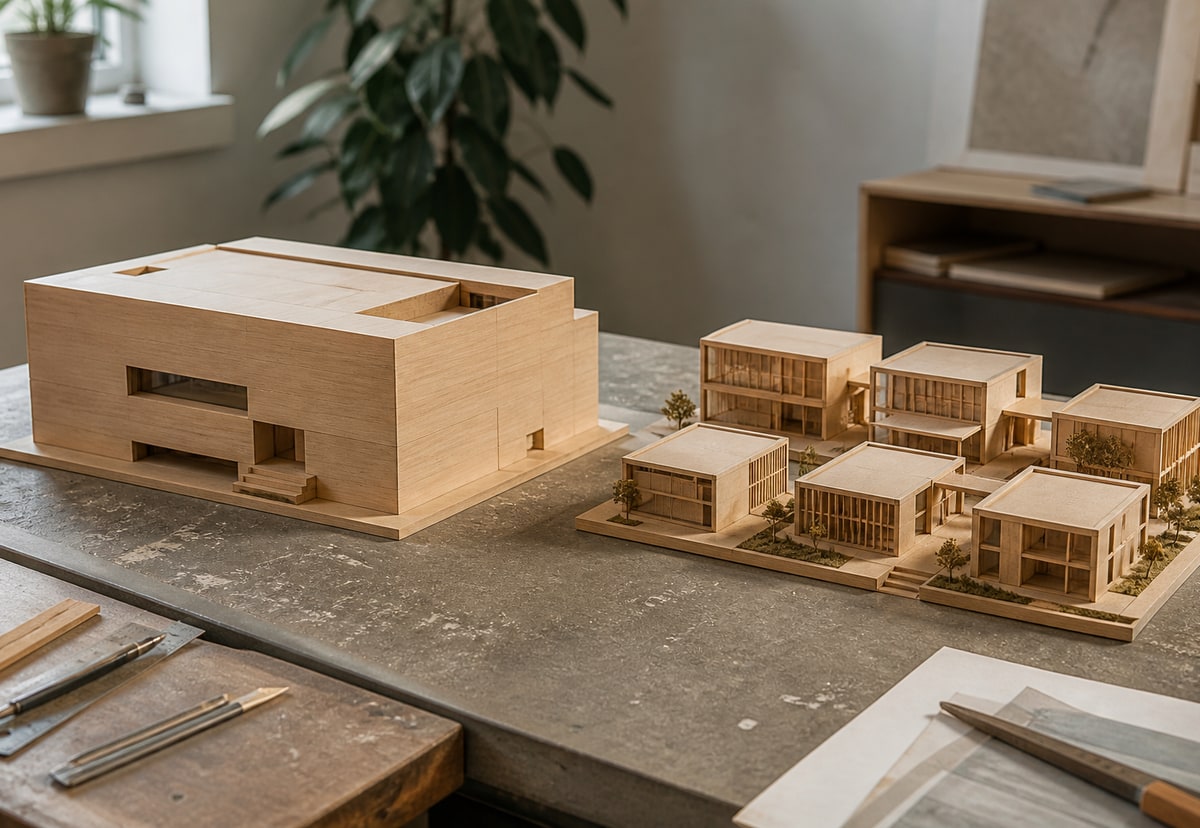 An architectural model comparing one large wooden building with a campus of smaller connected buildings