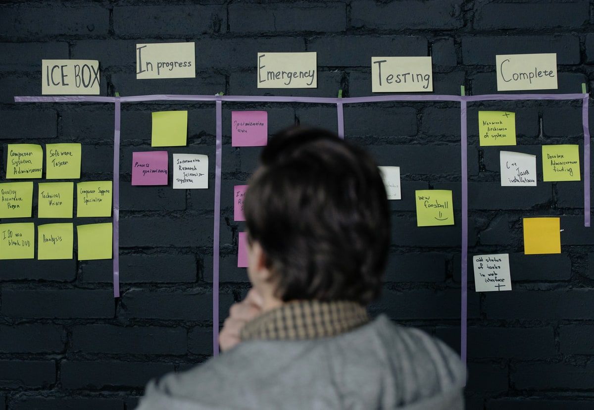 A manager viewed from behind studies a dark wall divided into workflow columns with coloured sticky notes