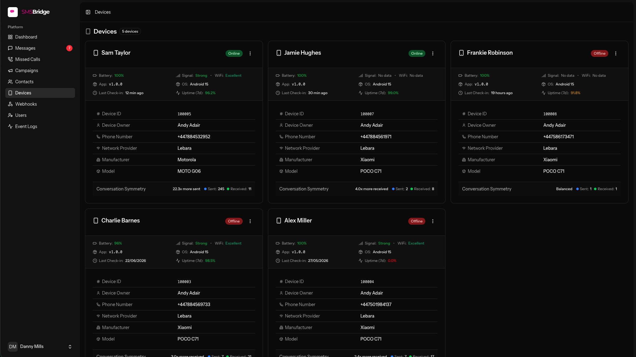 SMSBridge device management screen showing Android device health and owner details