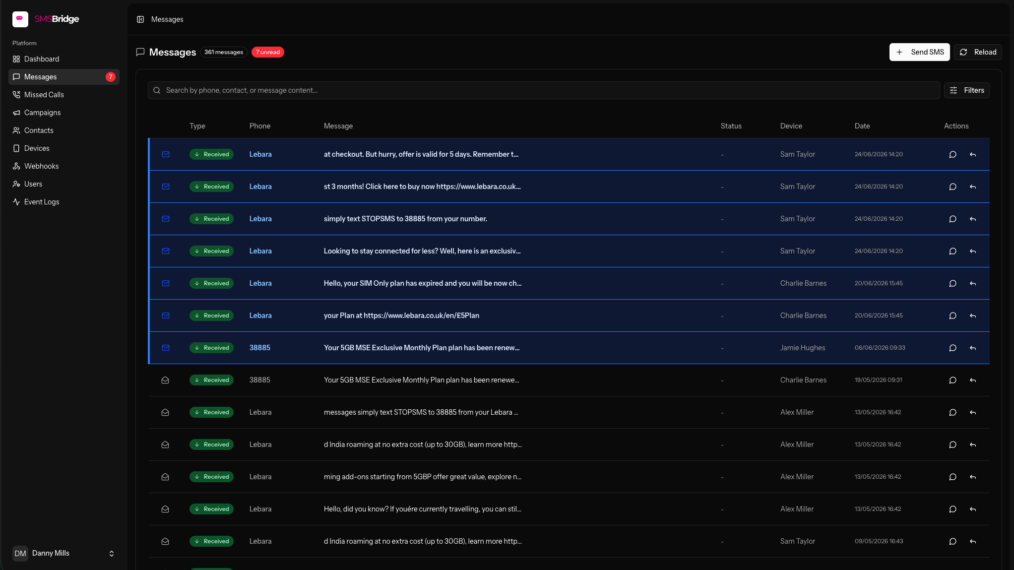 SMSBridge messages screen showing received SMS messages, unread counts, filters and actions