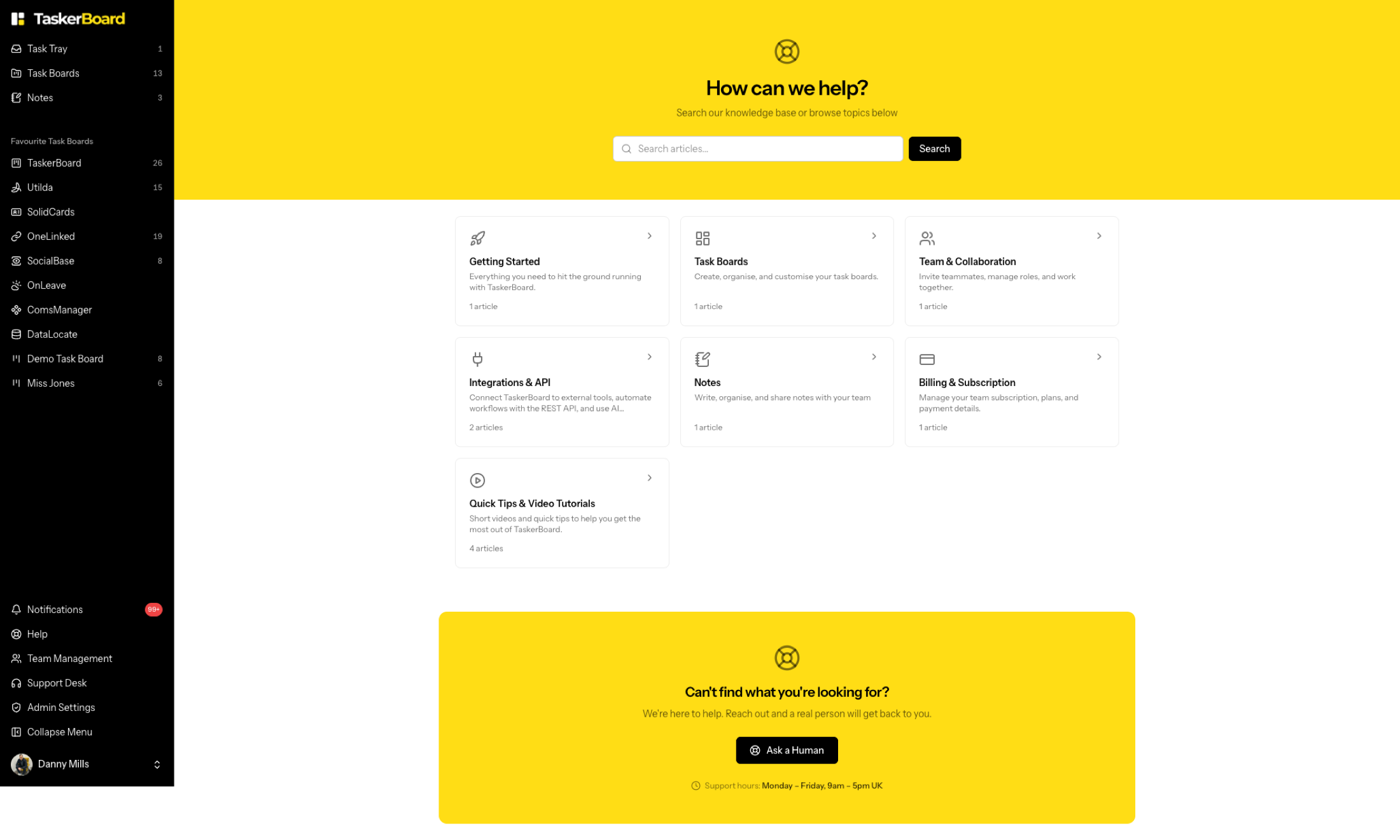 TaskerBoard help centre showing support categories, search and contact options
