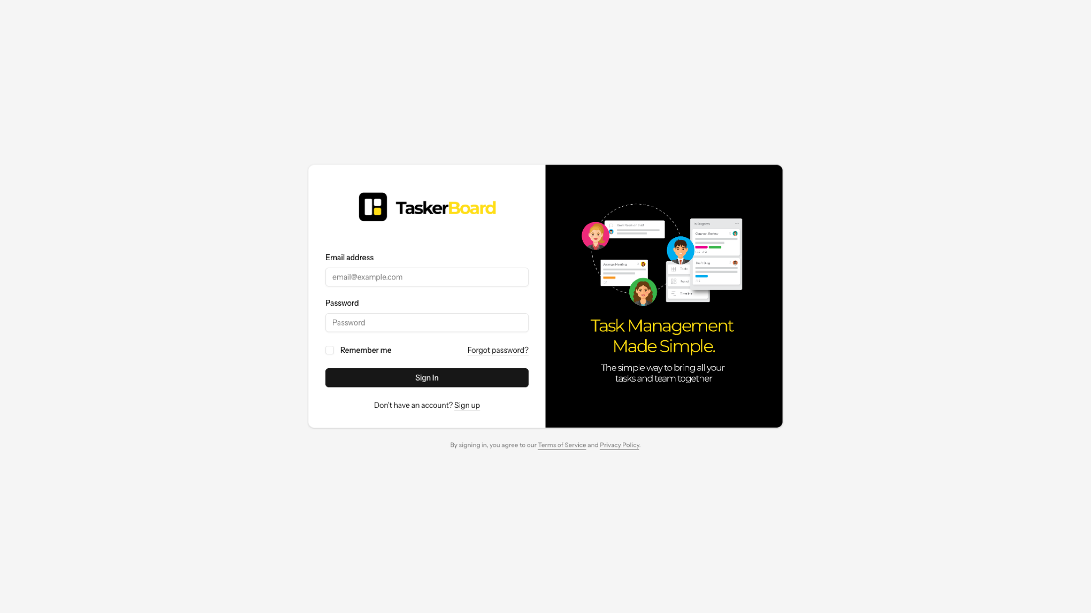 TaskerBoard login screen with task management product messaging