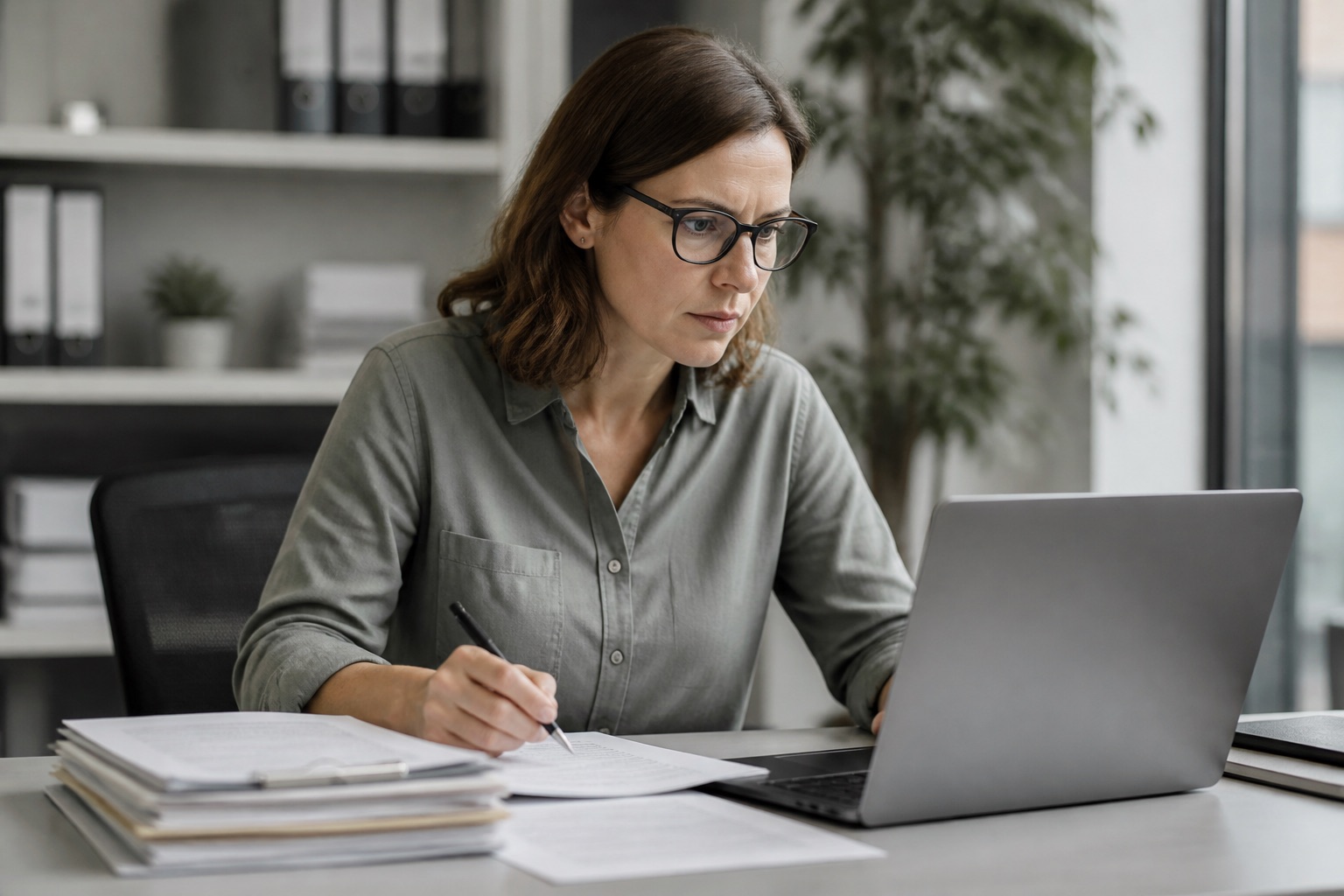 An operations professional checking business records before an automated next step