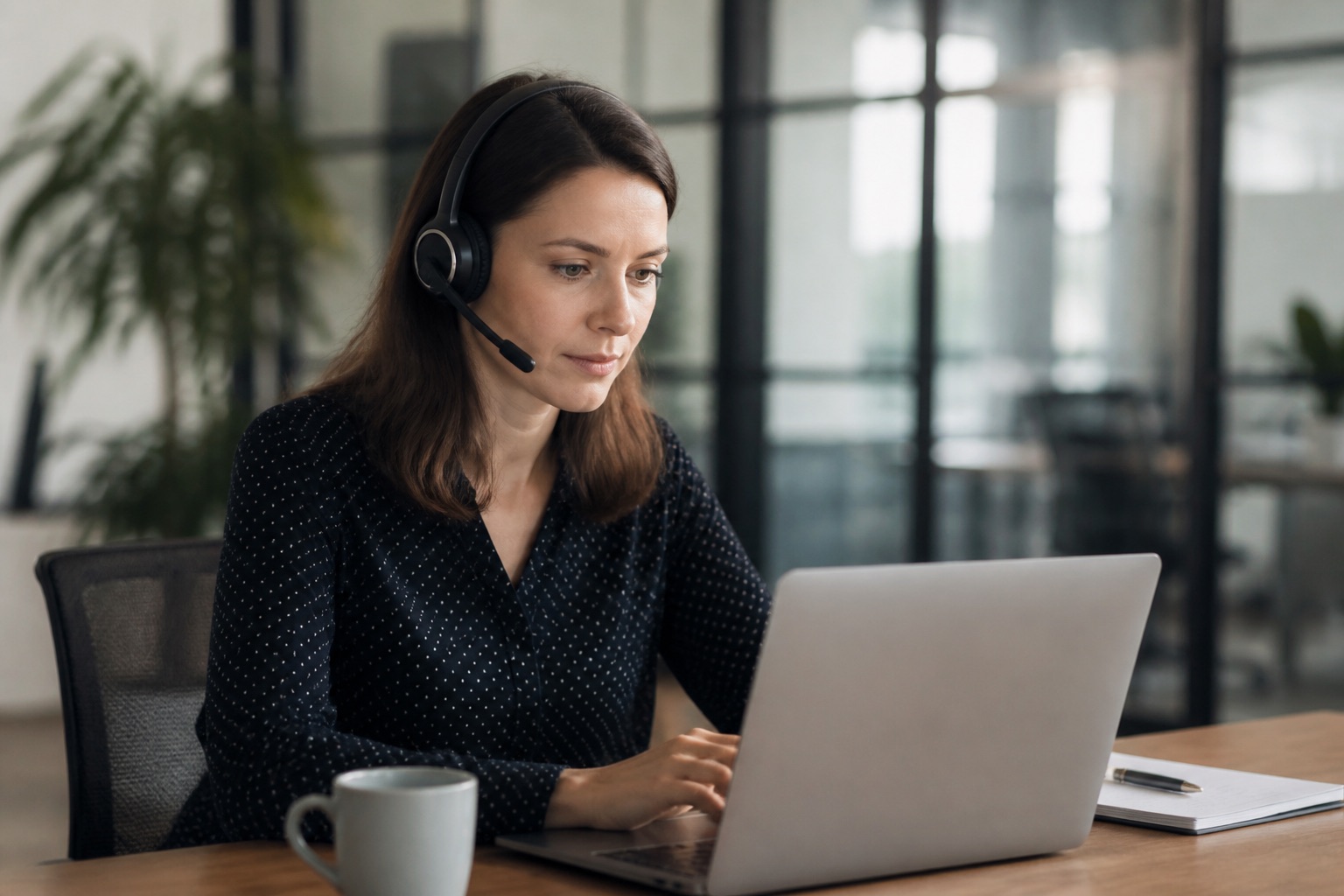 A customer service professional preparing an update on a laptop