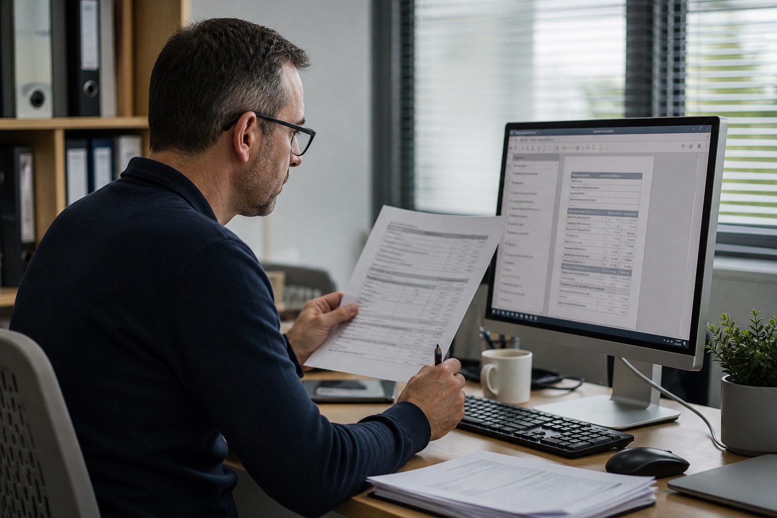 A professional comparing a paper record with information in a digital system