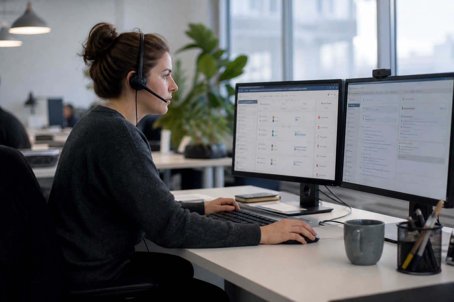 A support coordinator organising customer requests across two monitors