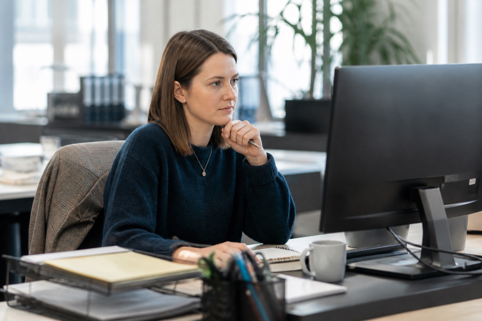 An operations coordinator reviewing incoming enquiries at a desktop computer