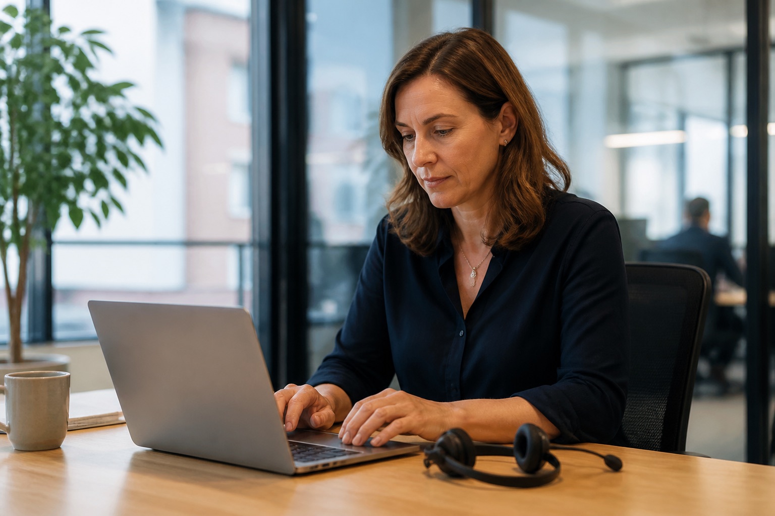 A relationship manager updating customer records after a phone conversation