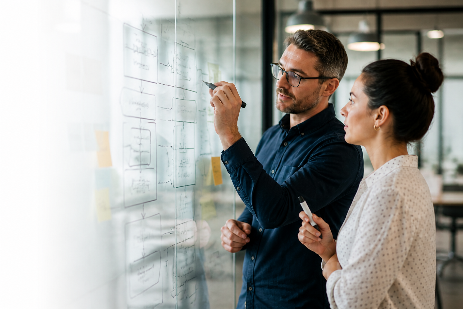 Two business professionals mapping a web application journey on a glass wall