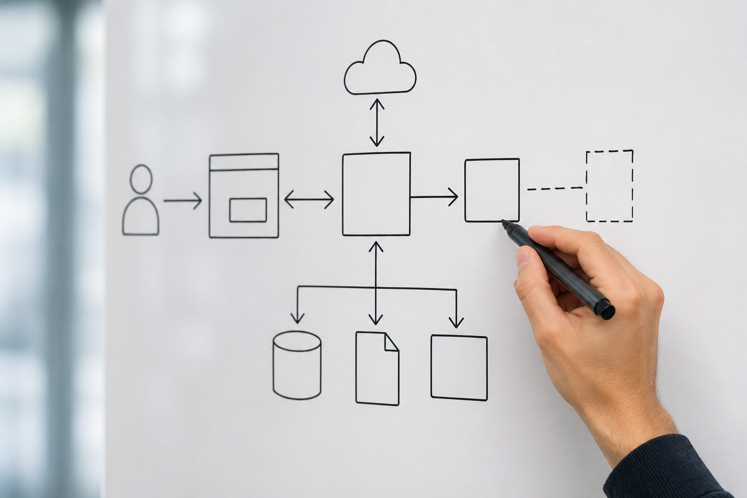 A hand drawing a high-level web application design on a whiteboard