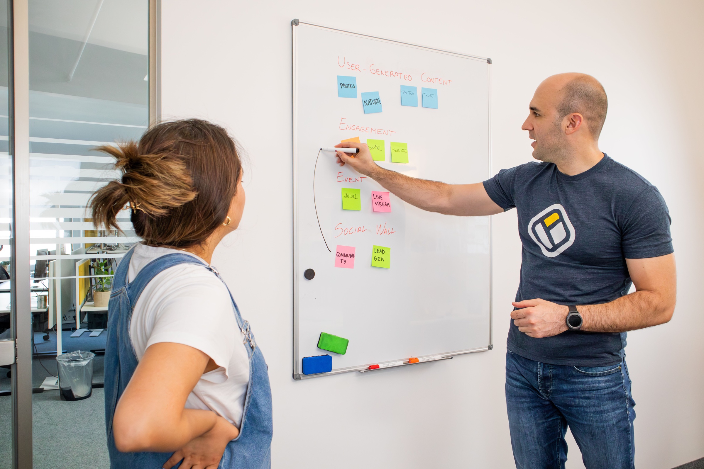 Two people discussing business software requirements on a whiteboard
