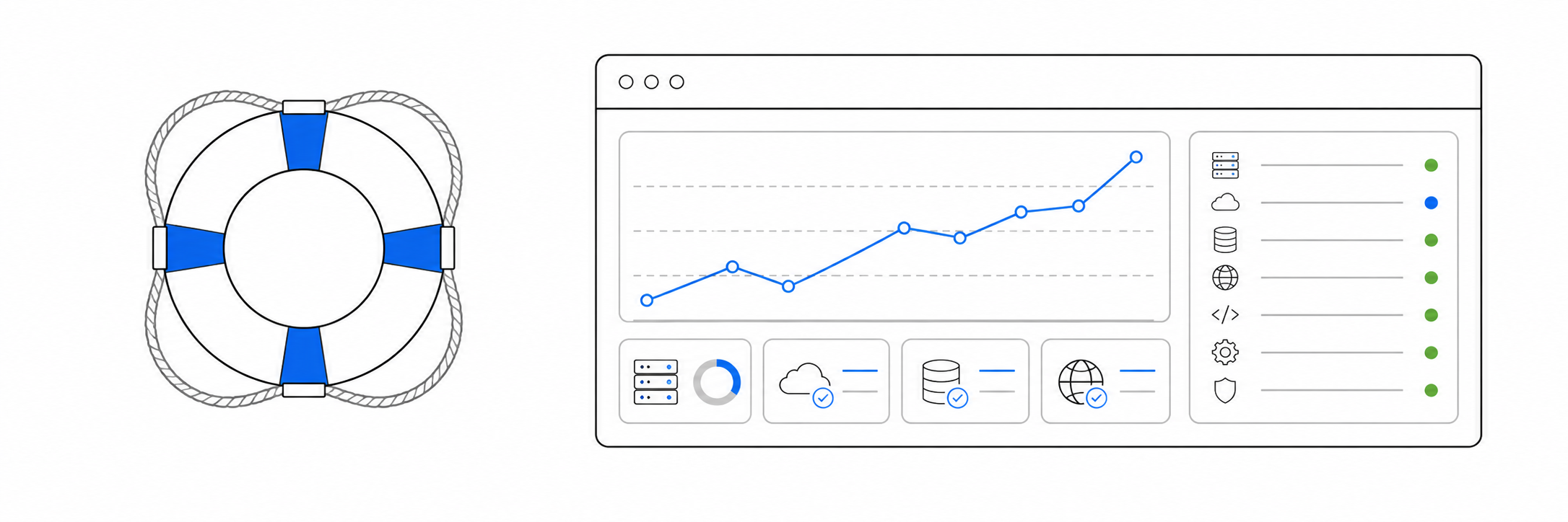 Line illustration of application health, monitoring and support controls