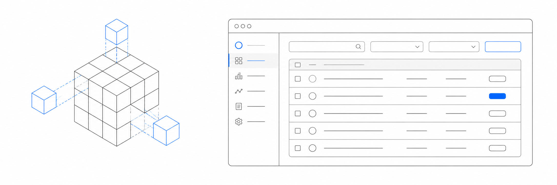 Line illustration of a bespoke operational software interface