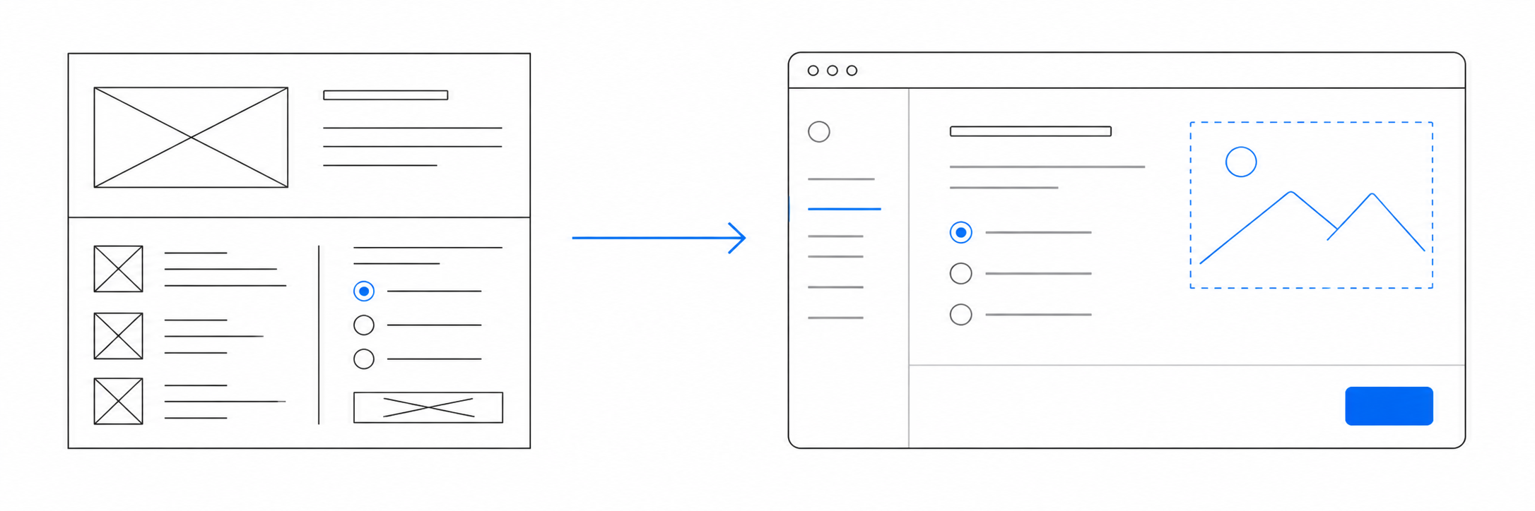 Line illustration of a working software prototype and connected screen journey